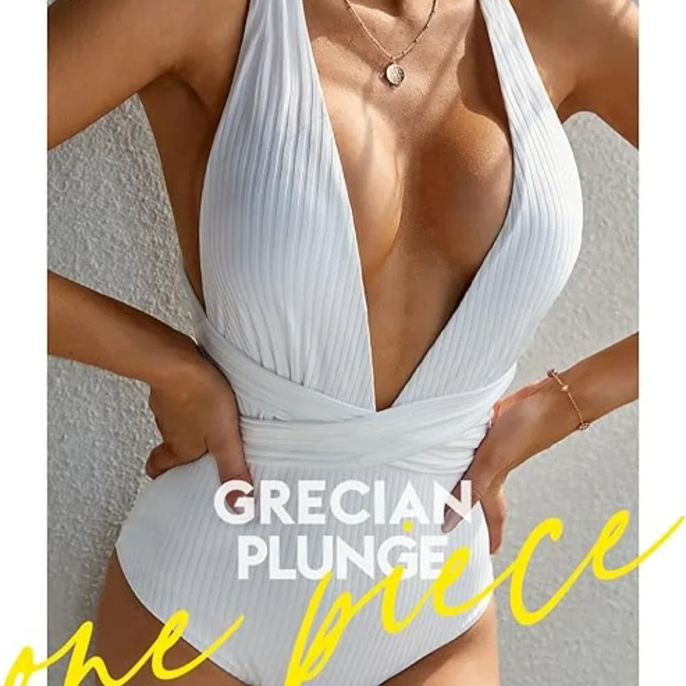 GRECIAN PLUNGE WHITE RIBBED CROSS BACK KNOT TIE ONE PIECE SWIMSUIT  SIZE XXL NWT